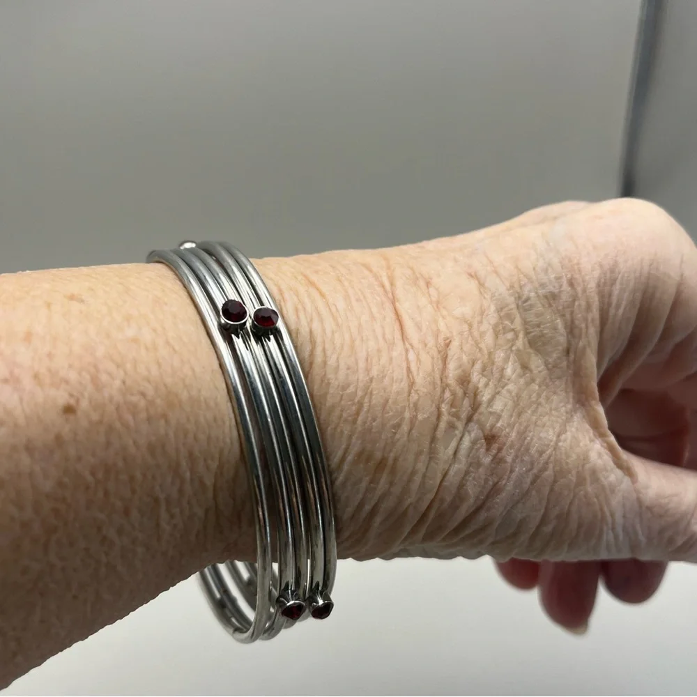 Elegant Silver Bangle Set with Red Accents